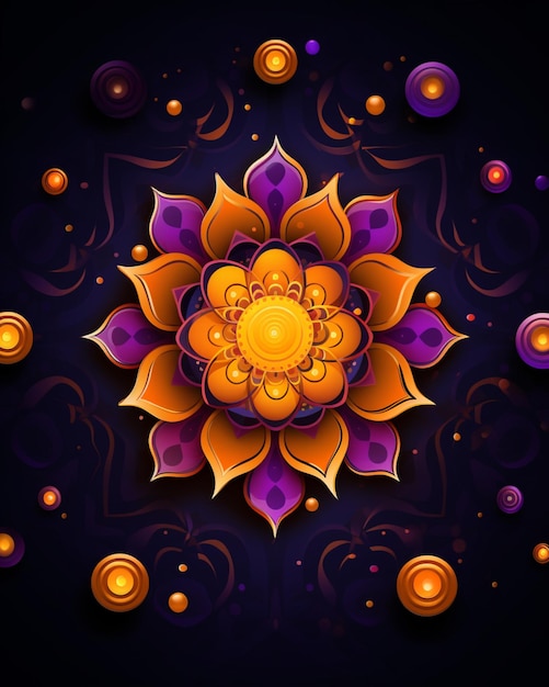 Feliz diseño de diwali con flores doradas y fondo morado