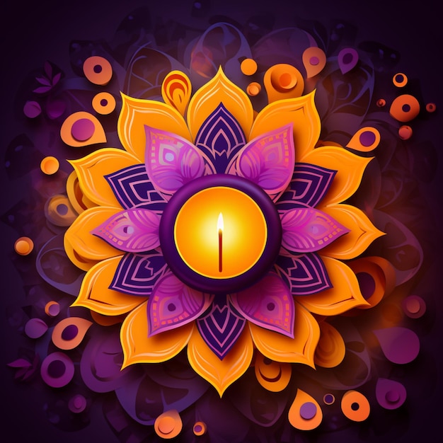 Feliz diseño de diwali con flores doradas y fondo morado