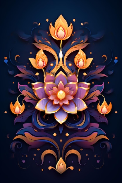 Feliz diseño de diwali con flores doradas y fondo morado