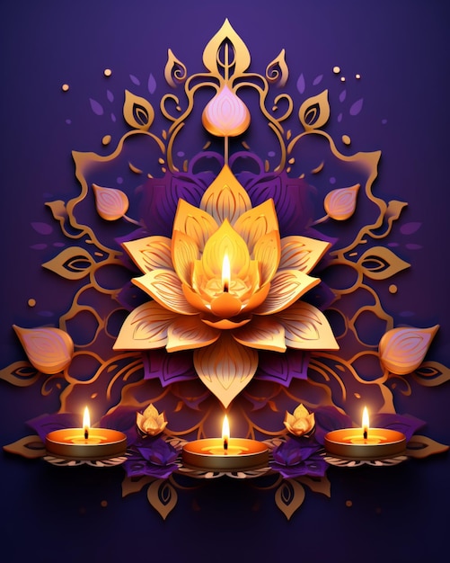 Feliz diseño de diwali con flores y velas encendidas sobre fondo morado