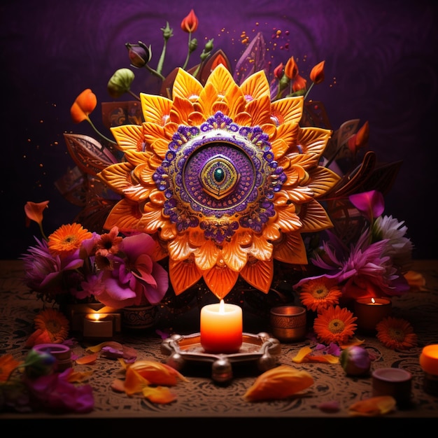 Feliz diseño de diwali con flores y velas encendidas sobre fondo morado