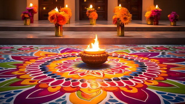 feliz diseño de Diwali Rangoli adornado con colores vibrantes y patrones intrincados