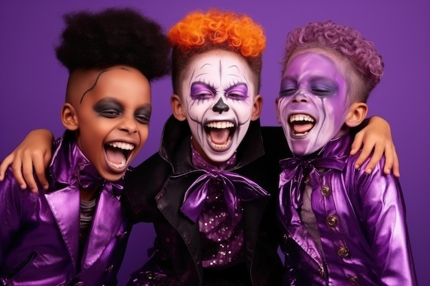 Feliz disfraces de Carnaval de Halloween y niños alegres fondo púrpura