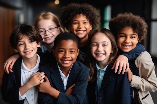 Feliz y diverso grupo de niños de estudiantes de secundaria mirando la cámara de pie en el aula Sonriendo