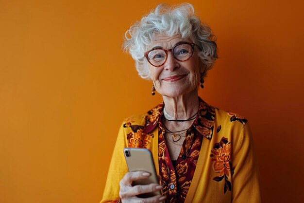 Foto feliz y divertida anciana con ropa de moda retrato en fondo de colores