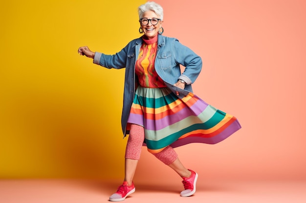 Feliz y divertida anciana con ropa de moda retrato sobre fondo de color joven gra