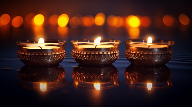 Feliz Diwali Clay Diya lâmpadas acesas durante a celebração do festival Dipavali Hindu de luzes