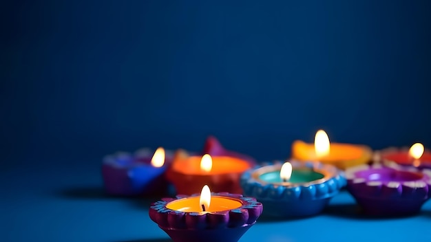 Feliz Diwali Clay Diya lâmpadas acesas em fundo azul durante a celebração do Diwali Rede neural gerada em maio de 2023 Não baseada em nenhuma cena ou padrão real