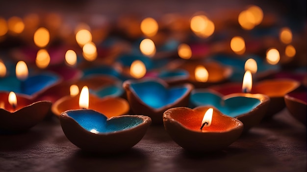 Feliz Diwali Clay Diya lámparas encendidas durante la celebración del festival hindú de luces Dipavali