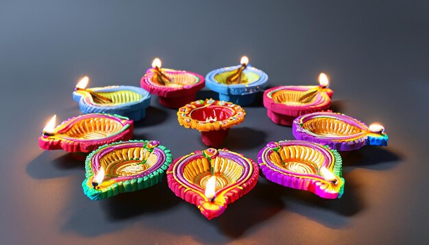 Foto feliz diwali clay diya lámparas encendidas durante la celebración del festival hindú de luces diwali