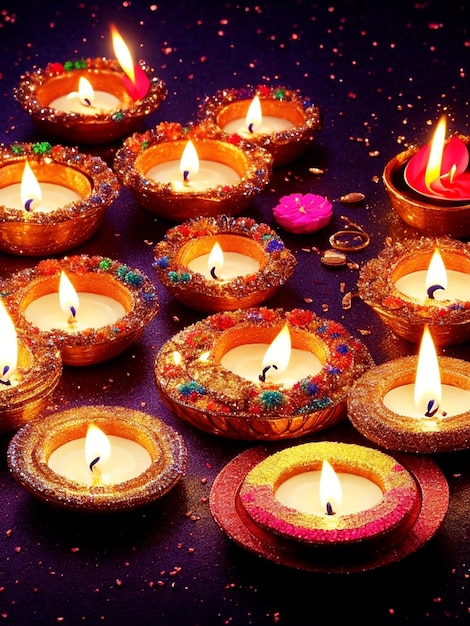 Feliz Diwali Las coloridas lámparas diya encendieron velas durante la celebración de Diwali