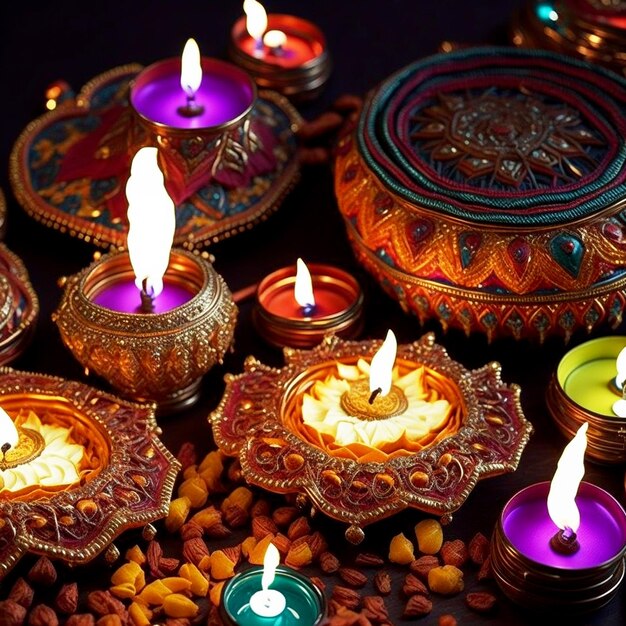 Feliz Diwali Las coloridas lámparas diya encendieron velas durante la celebración de Diwali