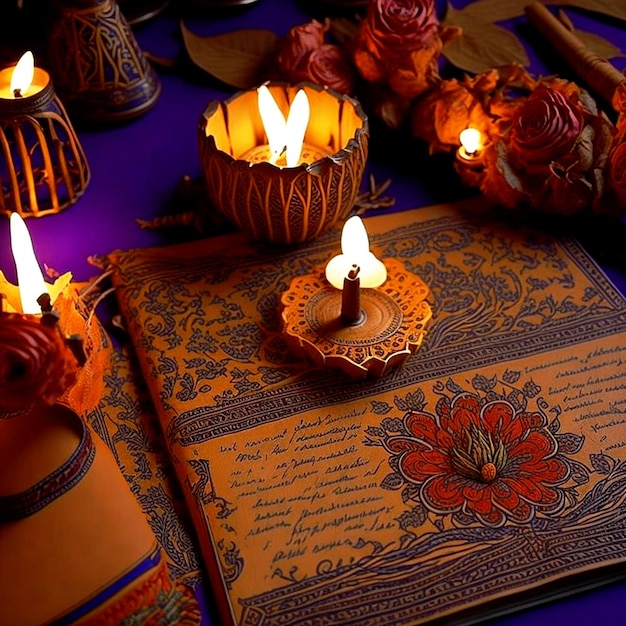 Feliz Diwali Las coloridas lámparas diya encendieron velas durante la celebración de Diwali