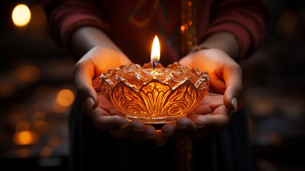 Feliz Diwali com a luz de Diya na mão