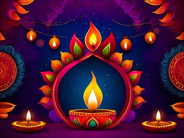 Feliz Diwali, diseño de lámpara de aceite Diya india poligonal con marco de borde redondo sobre tema festivo indio