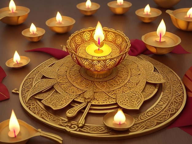 Feliz Diwali Diwali feriado abstrato fundo brilhante com lâmpadas diya e rangoli ilustração 3D