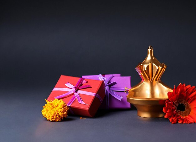 Feliz Diwali Diya flores de lâmpada de óleo e caixas de presente em fundo vermelho celebrando o festival tradicional indiano de luz