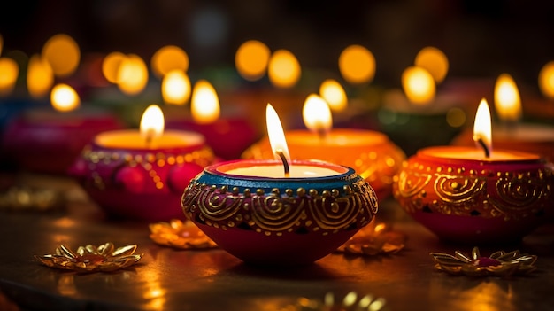 Feliz Diwali Diya lâmpadas acesas durante a celebração do Diwali