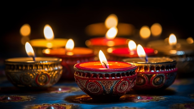 Feliz Diwali Diya lâmpadas acesas durante a comemoração do diwali