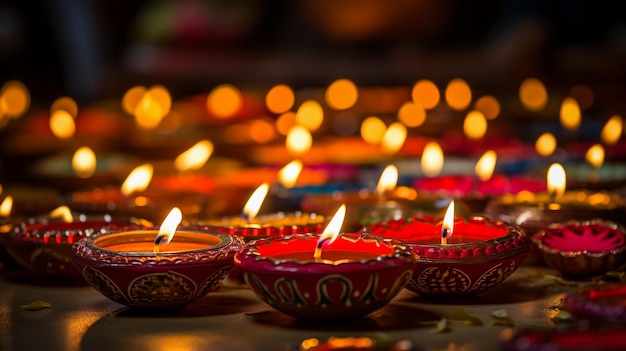 Feliz Diwali Diya lâmpadas acesas durante a comemoração do diwali