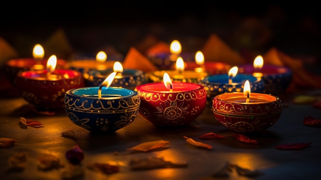 Feliz Diwali Diya lâmpadas acesas durante a comemoração do diwali