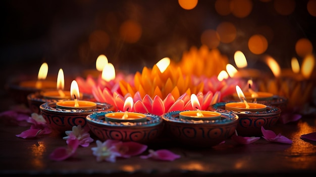 Feliz Diwali Diya lámparas encendidas durante la celebración de Diwali