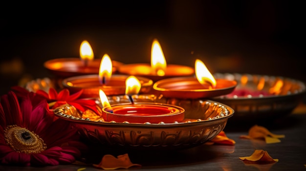 Feliz Diwali Diya lámparas encendidas durante la celebración de Diwali