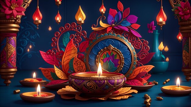 Foto feliz diwali fondos coloridos decorados con lámpara de vela y diya para pancartas y tarjetas de felicitación