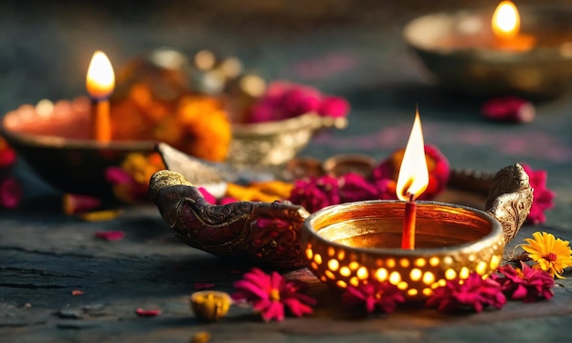 Feliz Diwali Lamas de arcilla Diya encendidas durante la celebración del festival hindú de las luces Diwali