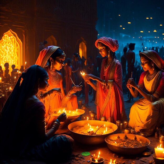 Feliz Diwali Lâmpadas coloridas acenderam velas durante a celebração de Diwali