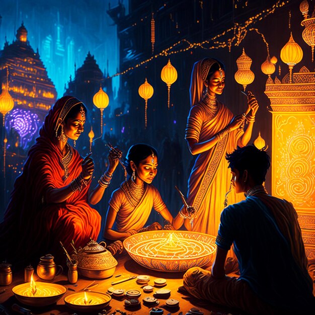 Feliz Diwali Lâmpadas coloridas acenderam velas durante a celebração de Diwali