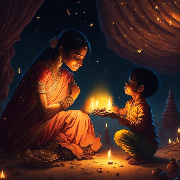 Feliz Diwali Lâmpadas coloridas acenderam velas durante a celebração de Diwali