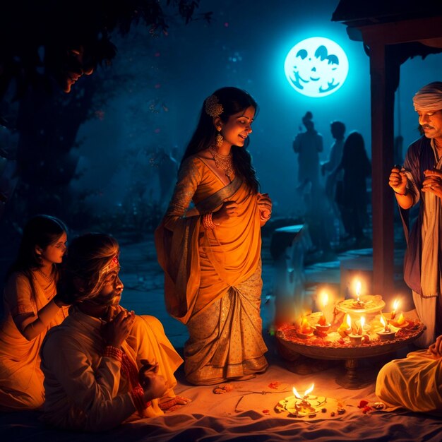 Feliz Diwali Lâmpadas coloridas acenderam velas durante a celebração de Diwali