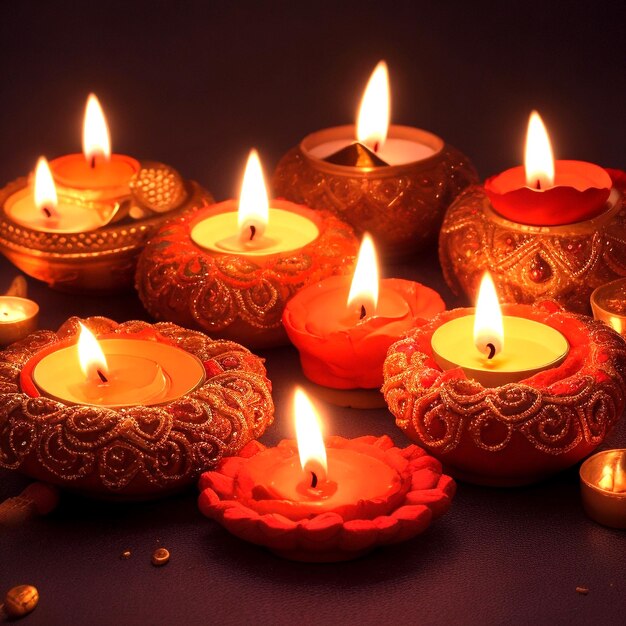 Feliz Diwali, lámparas de arcilla encendidas, fiesta hindú de las luces.