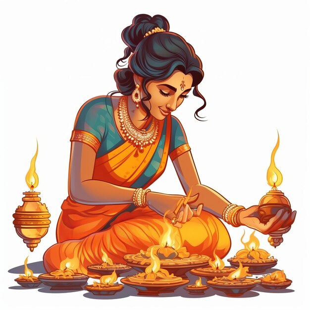 Feliz Diwali mujer india con la iluminación de la lámpara o Diya generativa ai