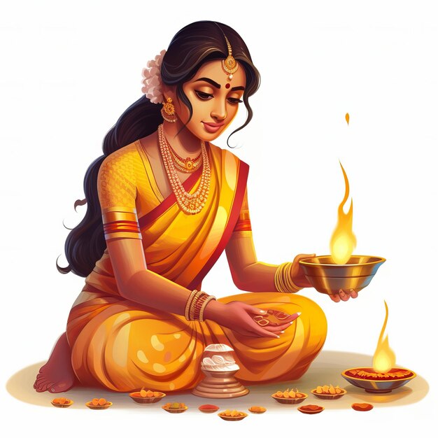 Feliz Diwali mujer india con la iluminación de la lámpara o Diya generativa ai