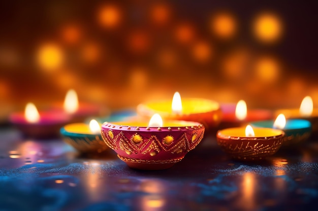 Feliz diwali ou festival indiano tradicional deepavali com lâmpada de óleo diya de argila festival hindu indiano