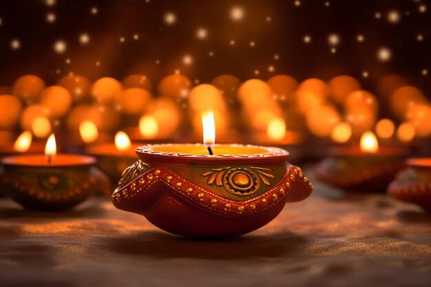 Feliz diwali ou festival indiano tradicional deepavali com lâmpada de óleo diya de argila festival hindu indiano