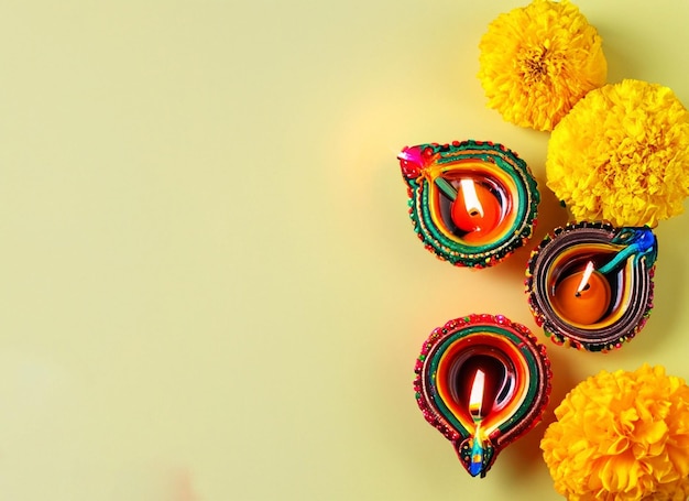 Foto feliz diwali queimando flores de lamparina a óleo diya em um fundo pastel