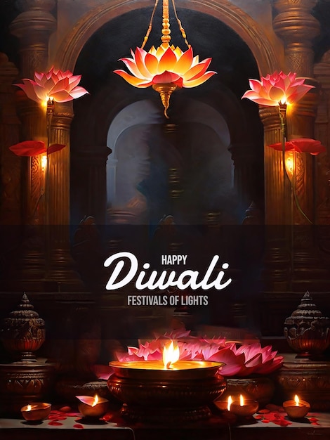 Foto feliz diwali saudações rangoli decoração com diya ou lâmpada