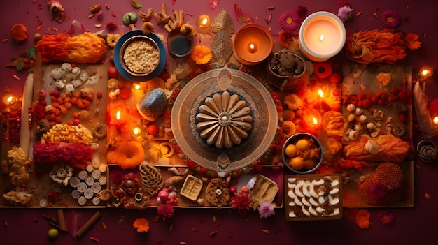 Feliz Diwali varios elementos de Diwali como dulces y regalos