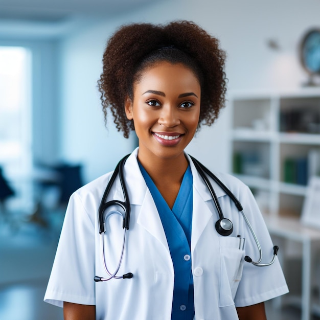 Foto una feliz doctora africana usa un uniforme azul y mira a la cámara en la oficina del hospital