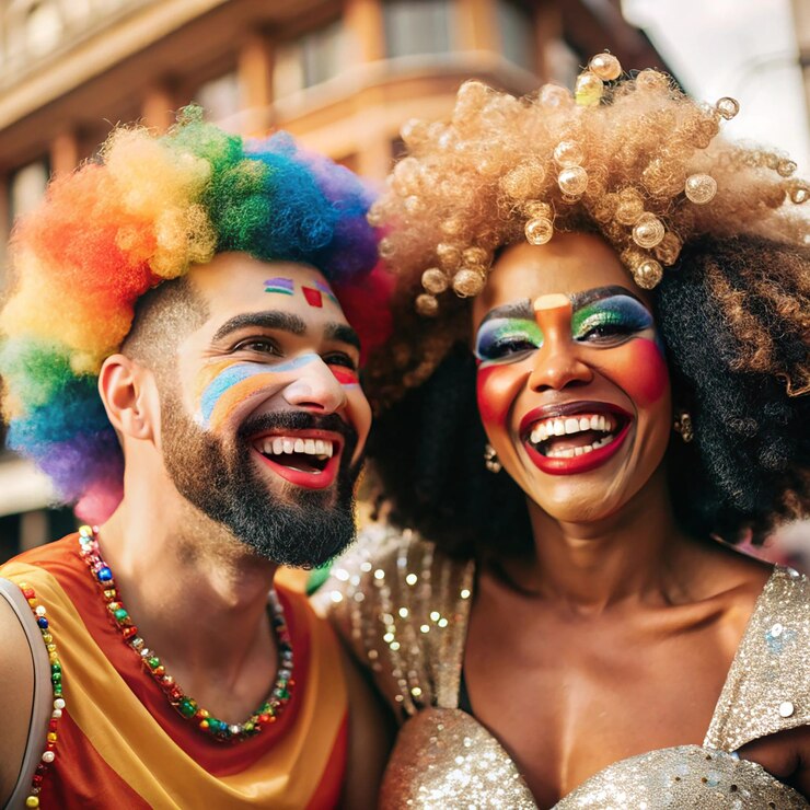 Foto feliz drag queen negra celebrando o orgulho mulher afro-americana em arco-íris afro palhaço