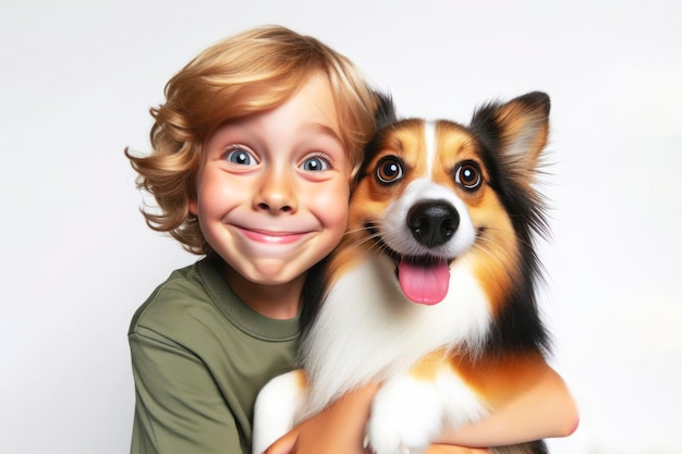 feliz dueño de un perro niño sonriendo sosteniendo a su perro en el brazo con ojos enormes en un fondo blanco sólido ai generativo