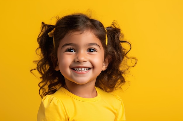 Feliz dulce niña sobre un fondo amarillo