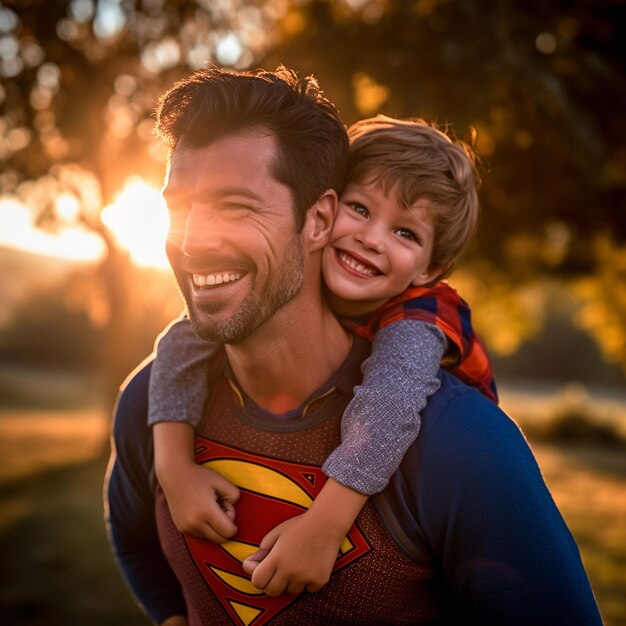 Foto feliz e amoroso pai de família e seu filho brincando e abraçando ao ar livre