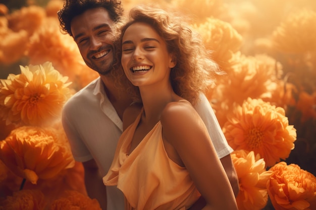 Feliz e amplo sorriso de dois jovens apaixonados em meio a flores laranjas gigantes