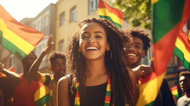 Foto feliz e bela mulher afro-americana com bandeira vermelha, verde e amarela simbolizando a liberdade do dia 19 de junho.