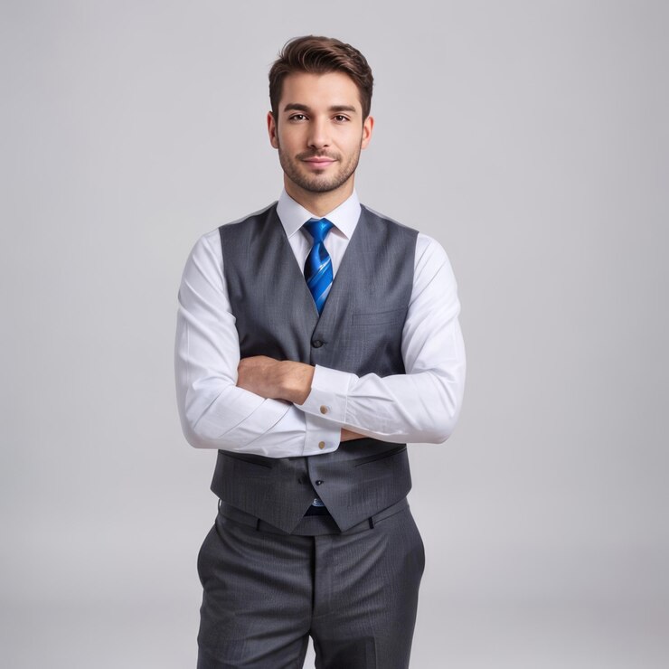 Foto feliz e elegante homem de negócios isolado em fundo branco
