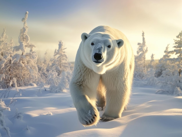 Feliz e engraçado urso ártico no inverno